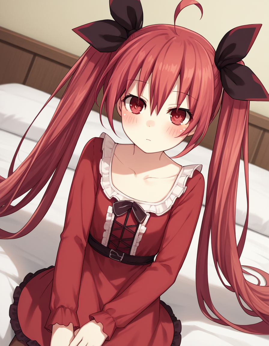 score_9, score_8_up, score_7_up, source_anime,
kotoriitsuka, <lora:kotori-itsuka-lightnovel-ponyxl-lora-nochekaiser:1>,
kotori itsuka, long hair, red eyes, twintails, very long hair, red hair, ahoge, ribbon, hair ribbon,
dress, collarbone, pantyhose, red dress, frills, long sleeves,
indoors, bed, bed room, on side, blush, drunk,
looking at viewer, solo, cowboy shot, dutch angle,