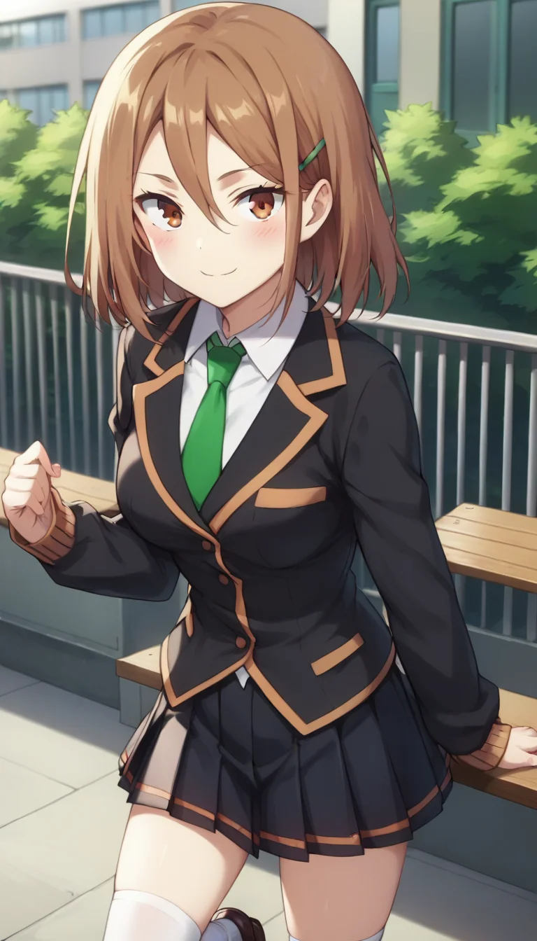 score_9,score_8_up,score_7_up,score_6_up BREAK official art,solo,outdoors,cowboy shot,looking at viewer,facing viewer,smile,blush,Yayoi Toba,medium hair,brown hair,hair ornament,hairclip,hair between eyes,diagonal bangs,sanpaku,brown eyes,school uniform,black cardigan,green necktie,collared shirt,white shirt,medium breasts,long sleeves,miniskirt,black skirt,pleated skirt,white socks,loafers,<lora:Yayoi Toba(at)-Pony:1.4>,