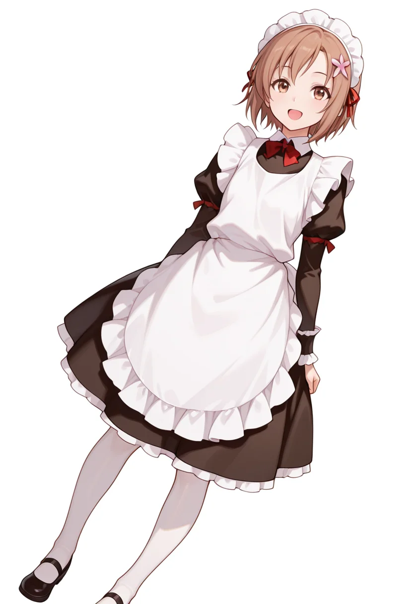 Smooth Quality,masterpiece,very intricate, high quality details, ultra realistic, high detailed skin,detailed enviorement,absurdres,
akanbe,
 <lora:Yukimura_Kusunoki_CNR:0.8> yukimuria_cnr, 1girl, brown hair, short hair, brown eyes,hair flower,maid, maid headdress, apron, dress, white pantyhose,mary janes, shoes,bow,, simple background, white background, dutch angle,solo,, ^o^,