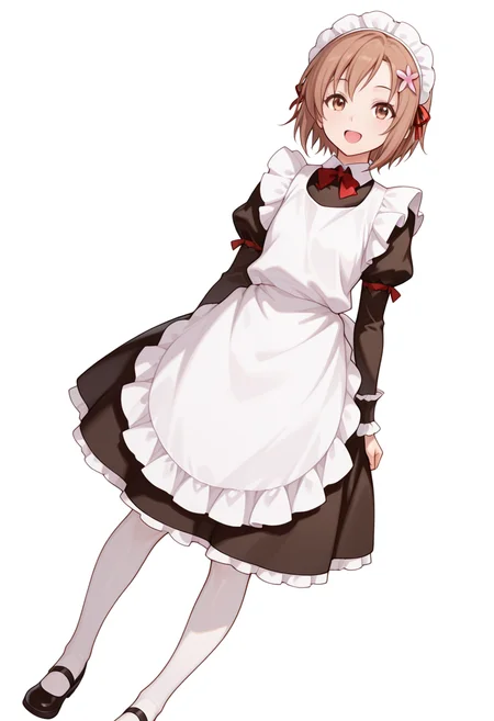 Smooth Quality,masterpiece,very intricate, high quality details, ultra realistic, high detailed skin,detailed enviorement,absurdres,
akanbe,
 <lora:Yukimura_Kusunoki_CNR:0.8> yukimuria_cnr, 1girl, brown hair, short hair, brown eyes,hair flower,maid, maid headdress, apron, dress, white pantyhose,mary janes, shoes,bow,, simple background, white background, dutch angle,solo,, ^o^,