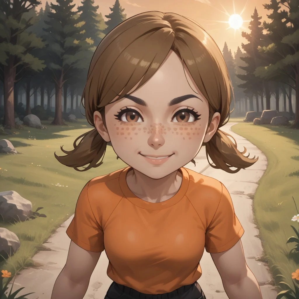 score_9, score_8, BREAK, solo, wii, mii, wii sports, 1girl, female mii, dark blonde hair, low ponytails, brown eyes, freckles, black eyebrows, orange clothing, black pants, breasts, shoes, cute, nintendo mii, modern_mii, classic_mii, Lucia_(Wii_Sports), sexy pose, smile, outdoors, sunlight, shadows, evening lighting, natural lighting, forest, trees, grass, orange sky, sunset, mature woman