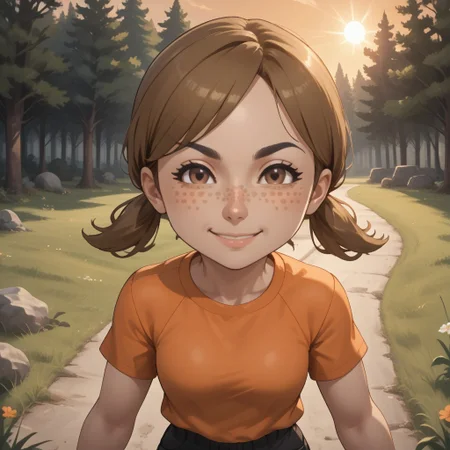 score_9, score_8, BREAK, solo, wii, mii, wii sports, 1girl, female mii, dark blonde hair, low ponytails, brown eyes, freckles, black eyebrows, orange clothing, black pants, breasts, shoes, cute, nintendo mii, modern_mii, classic_mii, Lucia_(Wii_Sports), sexy pose, smile, outdoors, sunlight, shadows, evening lighting, natural lighting, forest, trees, grass, orange sky, sunset, mature woman