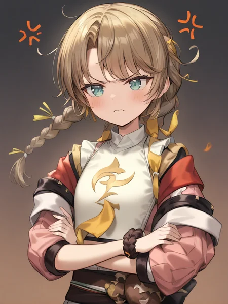 <lora:Spathodea:0.9>,spathodea,flat chest,bunches,braided ponytail,annoyed,arms_crossed,<lora:szbV3:0.8>,YZS,, masterpiece, best quality, very aesthetic, absurdres