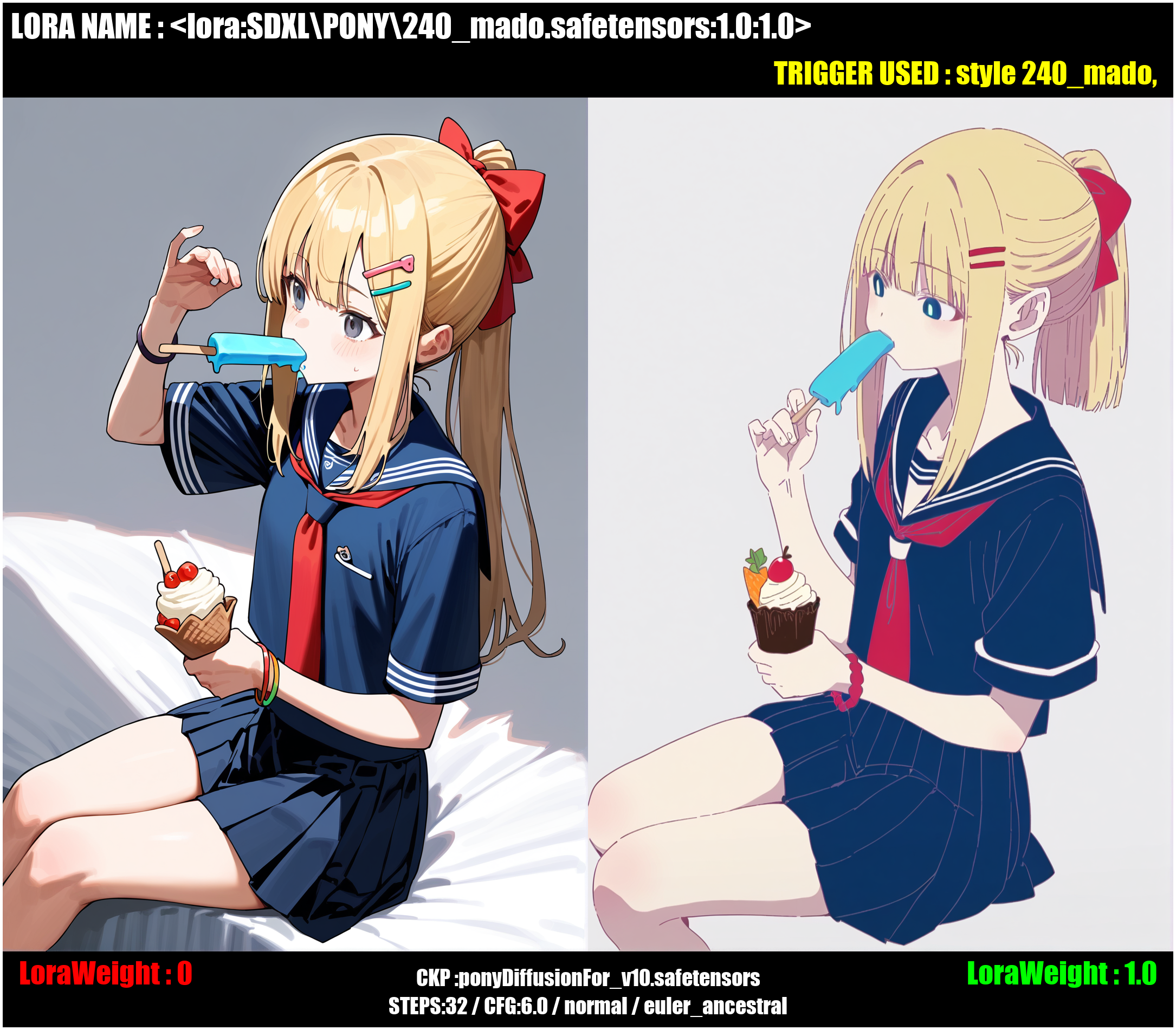 (score_9,score_8_up,score_7_up),style 240_mado,,1girl, solo, long_hair, bangs, blue_eyes, skirt, blonde_hair, simple_background, brown_hair, shirt, hair_ornament, white_background, bow, holding, sitting, school_uniform, white_shirt, ponytail, short_sleeves, hair_bow, sweat, pleated_skirt, food, necktie, serafuku, hairclip, artist_name, black_skirt, sailor_collar, rabbit_ears, red_bow, bracelet, grey_eyes, looking_away, eating, holding_food, red_necktie, cropped_legs, black_sailor_collar, popsicle, ice_cream, hot,flat color, (long neck:0.35),