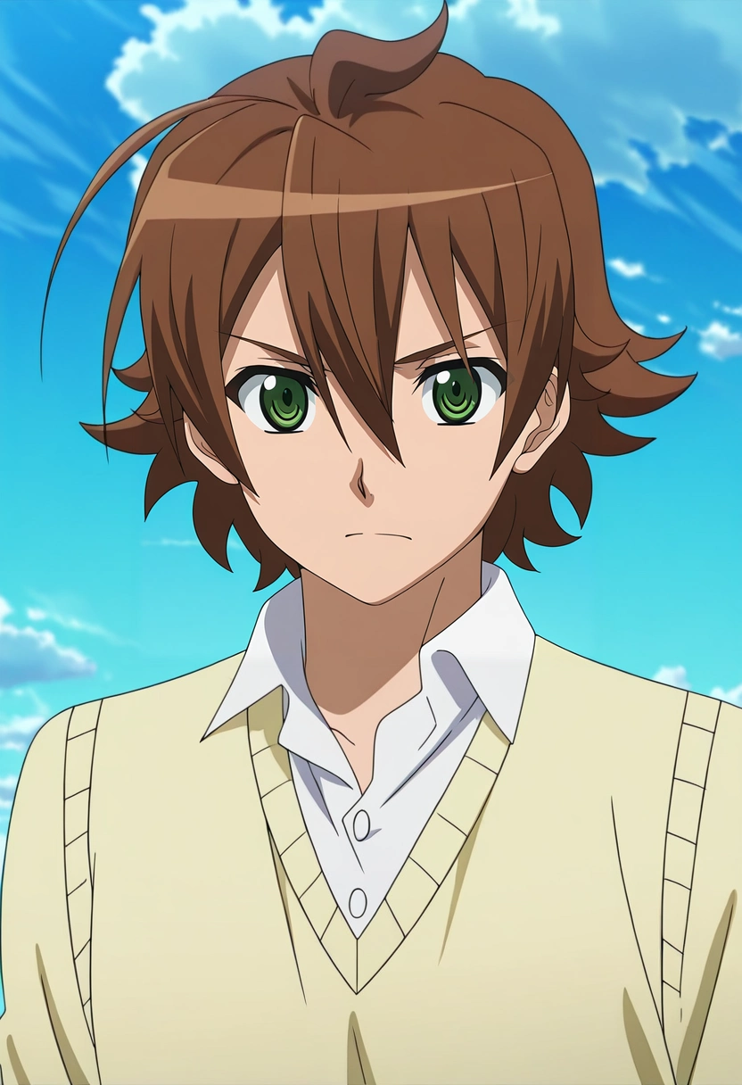 masterpiece, best quality, , anime screencap, , official style, looking at viewer, 1boy, solo, male focus, <lora:tatsumi_akame_ga_kill_ilxl:0.9>, tatsumi_akame_ga_kill, brown hair, green eyes, short hair, hair between eyes, ahoge, ,