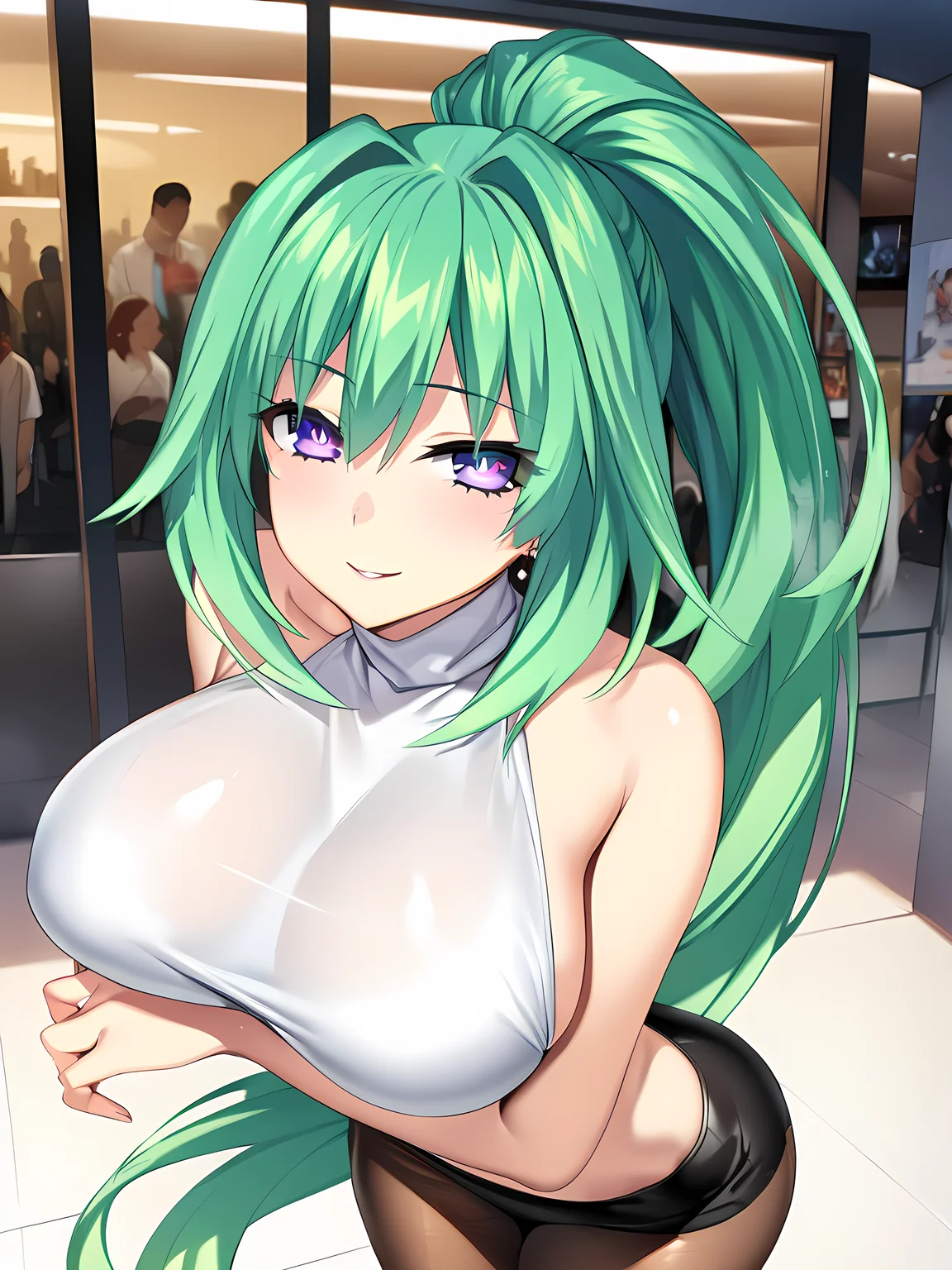 (masterpiece),(best quality),(ultra-detailed),(best illustration),(best shadow),(absurdres),(detailed background),(very aesthetic),green heart, casualoutfit, 1girl, breasts, long hair, pantyhose, green hair, large breasts, very long hair, ponytail, solo, symbol-shaped pupils, looking at viewer, seductive smile, <lora:greenheartv1:1>