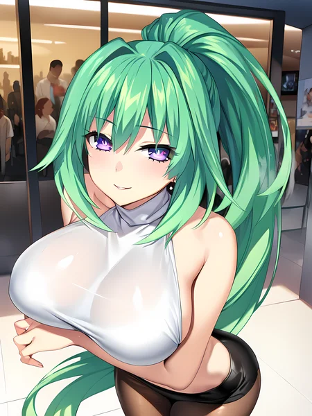 (masterpiece),(best quality),(ultra-detailed),(best illustration),(best shadow),(absurdres),(detailed background),(very aesthetic),green heart, casualoutfit, 1girl, breasts, long hair, pantyhose, green hair, large breasts, very long hair, ponytail, solo, symbol-shaped pupils, looking at viewer, seductive smile, <lora:greenheartv1:1>