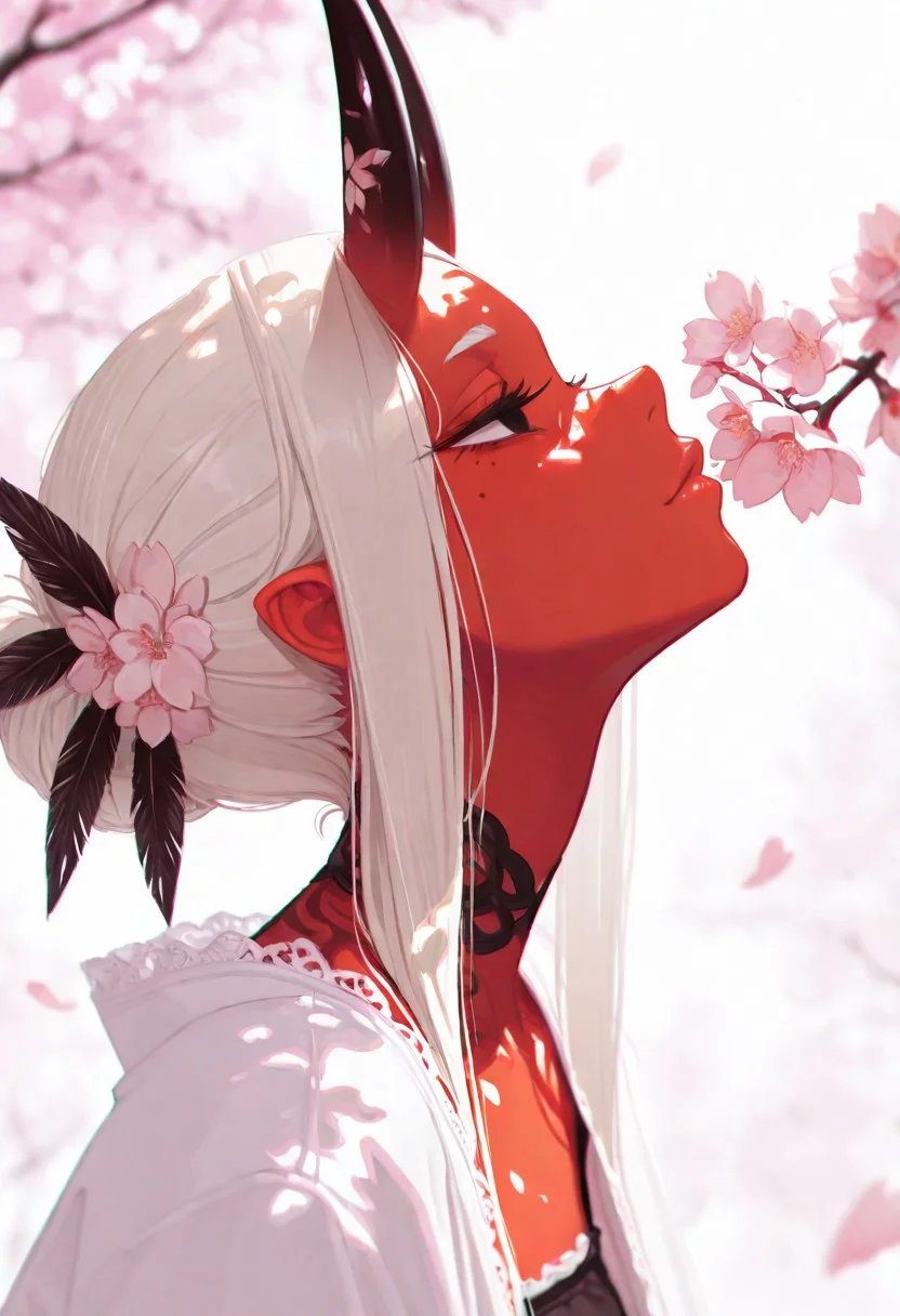 masterpiece, best quality, good quality, very awa, newest, highres, absurdres, uncensored, 
Good quality, newest,1girl, 
BREAK
detailed background, eyelashes, erotic, looking seductive, coy. dynamic action image, detailed face, detailed eyes, direct mesmerizing gaze, 
BREAK
(sexy, slutty, hot, aroused), 
1 girl , solo, long eyelashes ,
Aka-Oni, oni, colored skin, red skin, smooth horns, black horns
BREAK
flirting:2.0, action pose, flower, blurry foreground,  forehead, high hair.
BREAK
 8k, HDR, focused subject, 1girl, solo, detailed hair, feather hair ornament, black eyes, solid eyes, detailed eyes, detailed face, nose, lips, mole under eye,expressionless, gazing, head tilt, high collard,lace trim, square neckline, colorful singing bird, sakura tree branch, sakura blossoms, floating, bright sunlight, dappled light, blurry sky background, petals from side, profile, portrait, bright theme, bloom, chromatic aberration, limited palette, volumetric lighting,photo \(medium\), intricate,