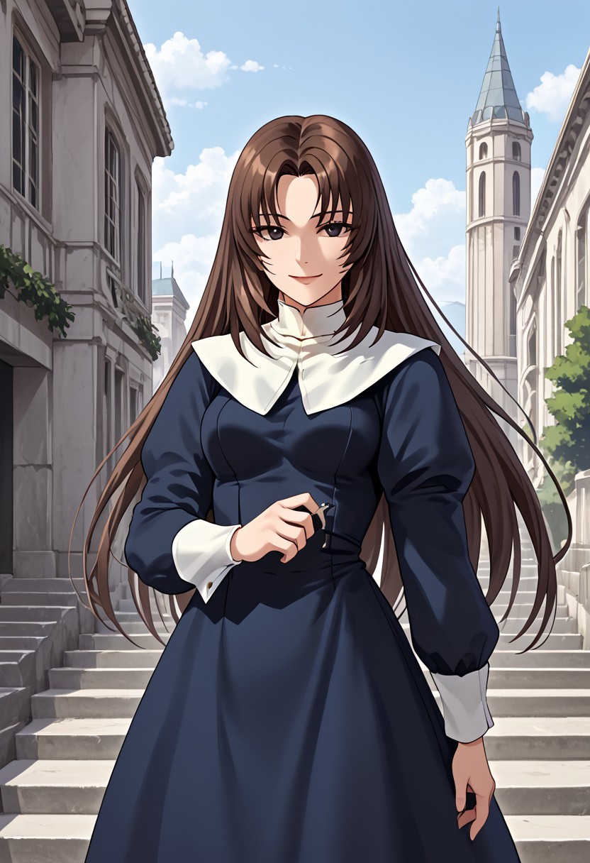 score_9,score_8_up,score_7_up,source_anime,5_figner,2d_animation,game cg,BREAK,1girl,solo,suikoden Sarah,long hair,brown hair,bangs,puffy sleeves,long sleeves,long dress,blue dress,nun,black eyes,
medium breasts,smile,front view,cowboy　short,looking at viewer,expressionless,
outdoor,building,skyscraper,
masterpiece,best qualit,ultra-detailed,illustration,an extremely delicate and beautiful,beautiful detailed eyes,unity 8k wallpaper,high resolution,anime CG,official_art,