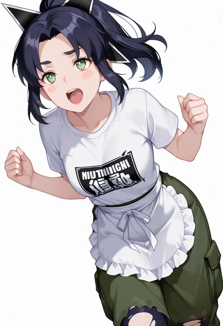 masterpiece,high quality details, ultra realistic, high detailed skin,absurdres,
curled fingers,
<lora:Ayaka_Kusagakure:0.8>
ayaka_cnr, 1girl, black hair, long hair, ponytail,parted bangs, sidelocks, green eyes, hair ornament,, simple background, white background, front view,solo,, naughty face,screaming,, t-shirt ,waist apron,cargo pants, ,torn thighhighs,