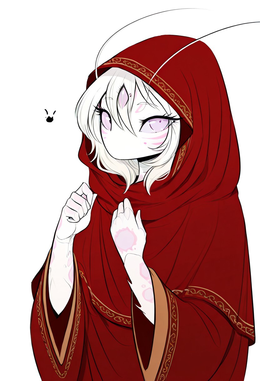 BREAK zPDXLx, mur4k4mi-ip,Mantis Girl, sketch,bishoujo,webtoon, blade under mask, mantis saa, saa, solo, 1girl, hood, white background, simple background, wide sleeves, looking at viewer, facial mark, long sleeves, upper body, hooded cloak, cloak, hood up, hair between eyes, hands up