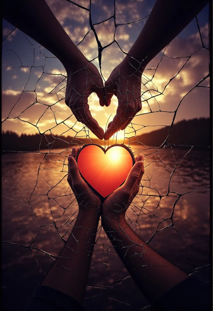 shatered_love. The image is a Kodak Ektar, analog film stocks photograph capturing a beautiful and serene lakeside scene at sunset. The main subject is a shattered glass pane, creating a rich, shatered_love. The image is a digital artwork featuring a dense, enhancing the shattered appearance of the glass., cracked background. The hands are connected by a series of torn, with one on the left and the other on the right, with some areas transitioning to a deeper, with a prominent, creating a sense of fragmentation and emotional turmoil. The heart itself is a warm