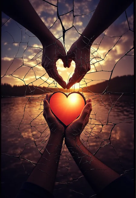 shatered_love. The image is a Kodak Ektar, analog film stocks photograph capturing a beautiful and serene lakeside scene at sunset. The main subject is a shattered glass pane, creating a rich, shatered_love. The image is a digital artwork featuring a dense, enhancing the shattered appearance of the glass., cracked background. The hands are connected by a series of torn, with one on the left and the other on the right, with some areas transitioning to a deeper, with a prominent, creating a sense of fragmentation and emotional turmoil. The heart itself is a warm