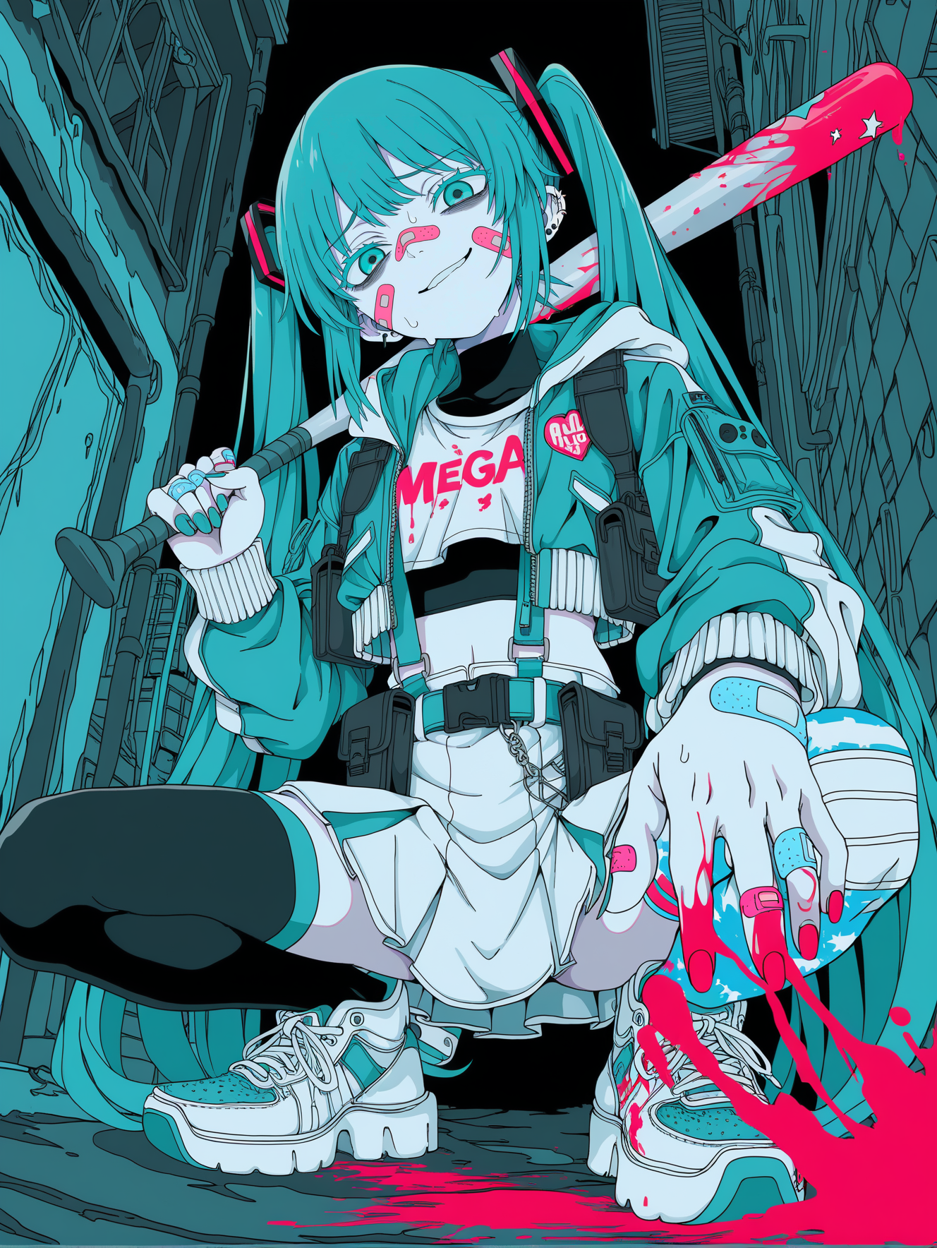 haku geroda, toxic ghost,  limited palette, 
1girl, solo, hatsune miku,  foreshortening, teal eyes, teal hair, cropped jacket, open jacket, skirt, straps, thighhighs, sneakers, street_fashion, glitter,colored eyelashes, suspender skirt,  belt, pouch, bandaid, bandaid on cheek, bandaid on face, bandaid on hand, bandaid on nose, bridge piercing, ear piercing, head_tilt, two-tone_jacket,  print shirt, mega_milk, shoulder holster, blue_theme, narrowed eyes, mismatched legwear, upturned eyes, shade, outdoors, alley,  raised eyebrow, smirk, nervous sweating, nervous smile, squatting, hooded jacket, black undershirt, white crop top, bags under eyes, 
, from below,  blood splatter, blood on face, blood on clothes, blood on weapon, blood_on_hands, tactical clothes,  holding bat, steel_bat,  monochrome background,
,masterpiece,best quality,amazing quality,
