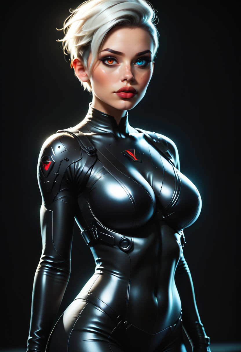 score_9, score_8_up, score_7_up, source_photo, realistic,
1girl, solo, 21yo, beautiful eyes, large lips, freckles, white hair, undercut, large breasts, skinny, toned, dark skin,
((black bodysuit, body armor, tactical gear, futuristic)),
(simple blurred background, depth of field), ((naughty expression, sexy pose, cowboy shot, dynamic angle)),
erotic, elegant, sensual, seductive, bright colors, high contrast, dark background, vivid lighting,
zPDXL, <lora:Dark_Heterochromia_Pony_v0.4:0.5> heterochromia, right eye red, left eye blue,