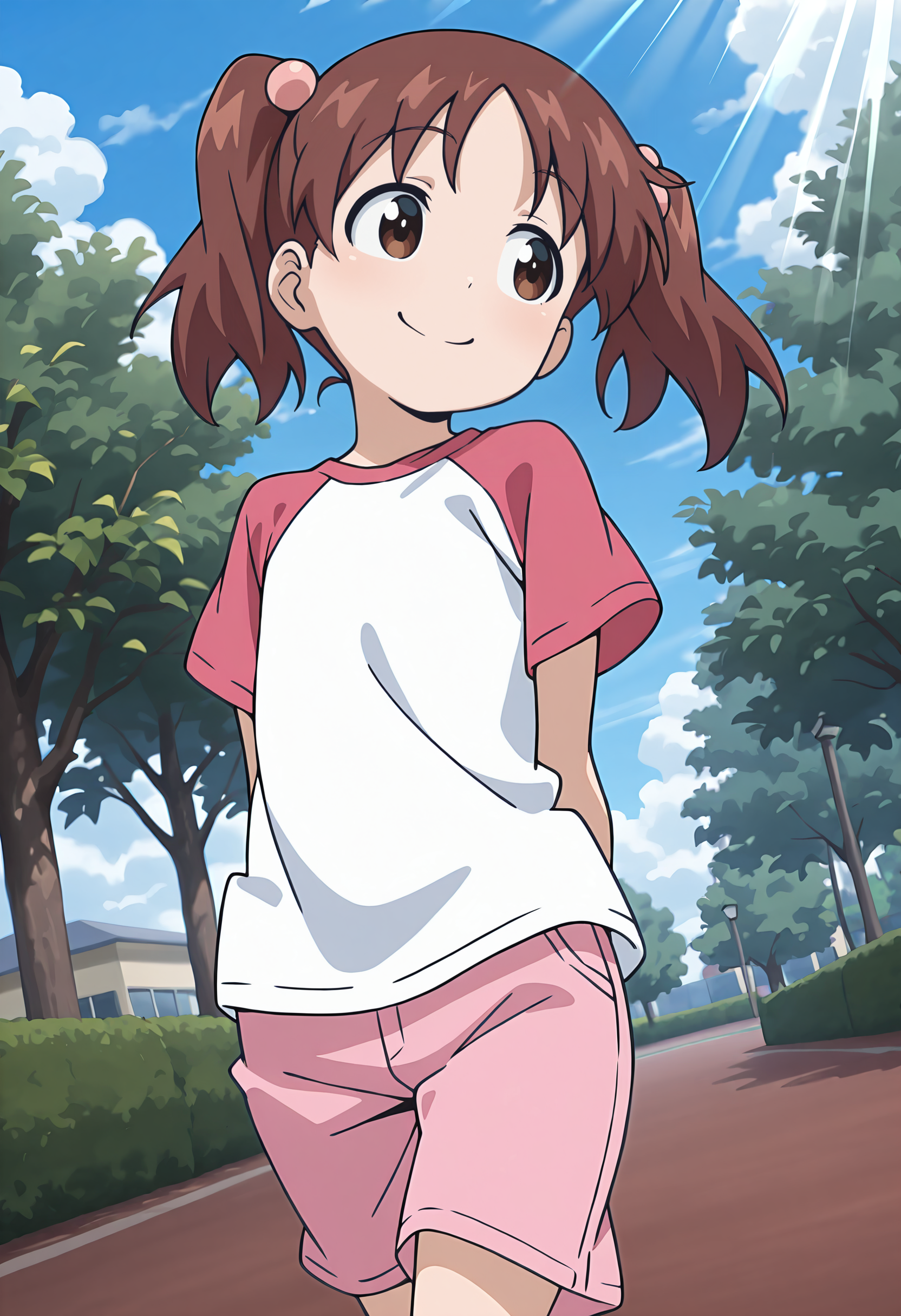 best quality, amazing quality, perfect quality, high quality, masterpiece, absolutely eye-catching BREAK
<lora:Ika_Musume_-_Risa:1> IkaRisa, brown eyes, brown hair, long hair, twintails, wispy bangs, hair bobbles BREAK
white t-shirt, raglan sleeves, pink shorts BREAK
outdoors, park, tree, blue sky, clouds, sunbeam BREAK
1girl, solo, arms behind back, walking, head tilt, from below, looking to the side, smile, dutch angle, cowboy shot
