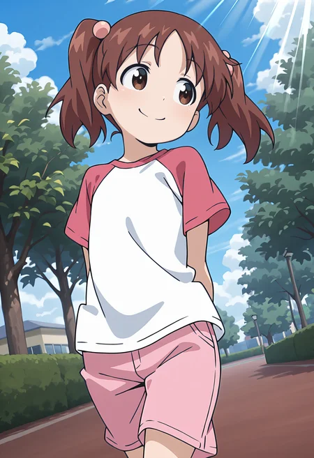 best quality, amazing quality, perfect quality, high quality, masterpiece, absolutely eye-catching BREAK
<lora:Ika_Musume_-_Risa:1> IkaRisa, brown eyes, brown hair, long hair, twintails, wispy bangs, hair bobbles BREAK
white t-shirt, raglan sleeves, pink shorts BREAK
outdoors, park, tree, blue sky, clouds, sunbeam BREAK
1girl, solo, arms behind back, walking, head tilt, from below, looking to the side, smile, dutch angle, cowboy shot