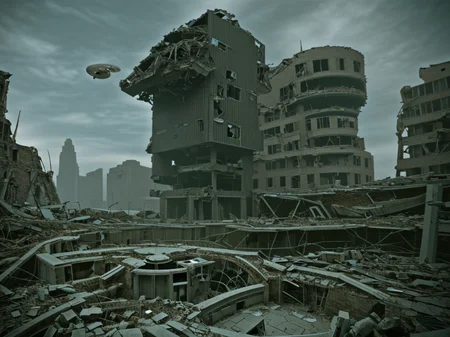 a detailed scaled (small spacecraft hovering over) a modern building in front of a (city in ruins:1.2).
 <lora:Wasteland:0.85> Wasteland, the, and, with, wasteland, background