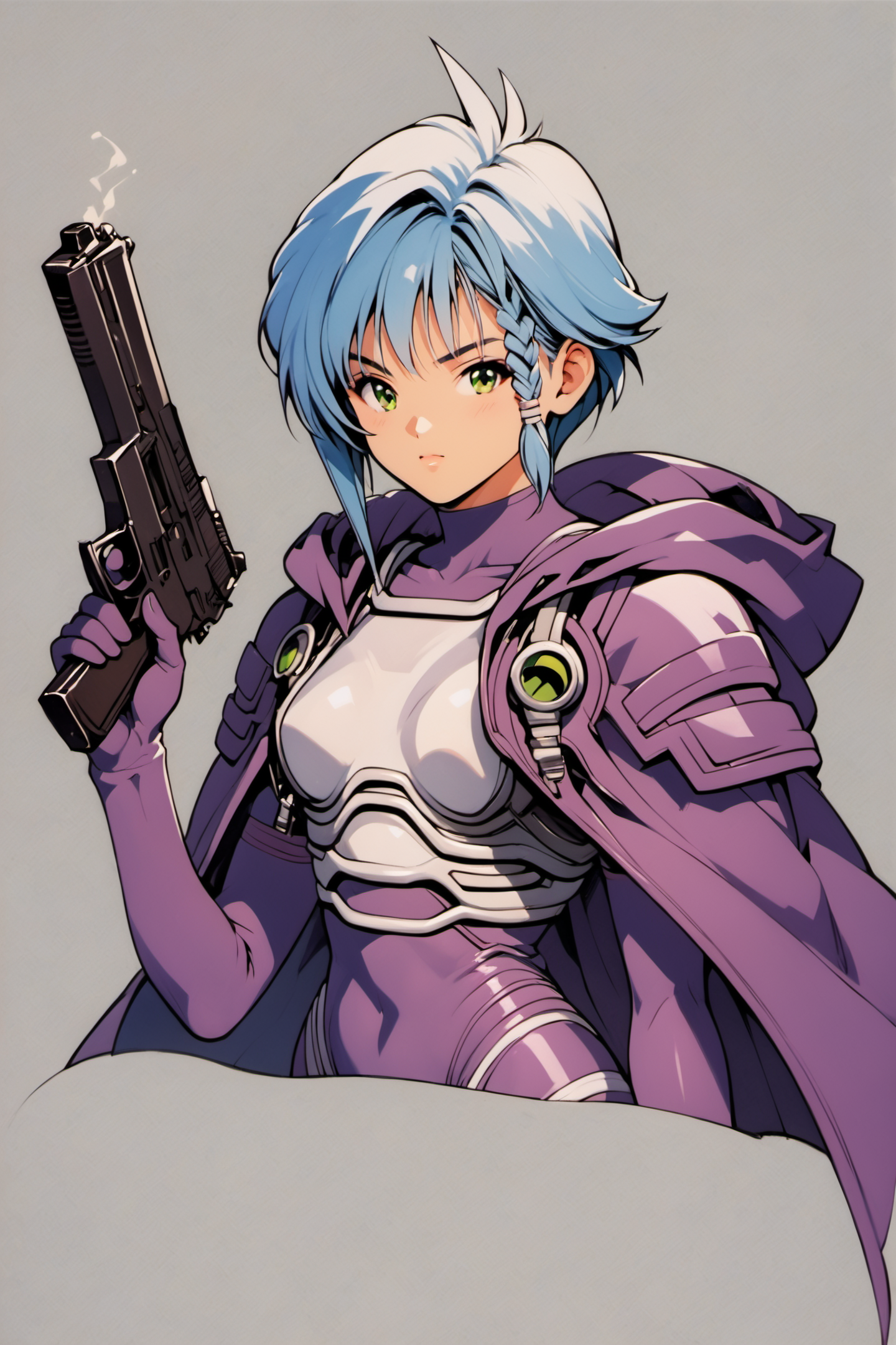 Karin Aoi,1girl,solo,weapon,gun,green eyes,side braid,handgun,short hair,blue hair,white hair,Purple_bodysuit_White_Pauldrons_White_breastplate_Asymmetrical_legwear_White_thighhighs_hood_down_Purple_Cape,upper body,traditional media,score_9,score_8_up,<lora:Katsura Masakazu_XL_PONY:0.9>,