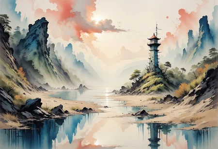 A dinkfsn style ink wash painting
Seen from a low perspective across tidal flats. White cliffs rise. A tall alien design lighthouse stands on the cliff and shimmers in the sun. A small alien village sits back away from the lighthouse. Fleeting sunlight breaking through moving clouds. Rippled sand mingle in mirrored brushstrokes of steel blue, copper pink, and misty beige. Reflective tidal flats populate the foreground with quick dashes of paint. Monet's textural layering and high-key tonal range lend vibrancy and a sense of pilgrimage to this windswept, reverent seascape, painted with a muted triadic palette that balances sea cools with earthy warmth.