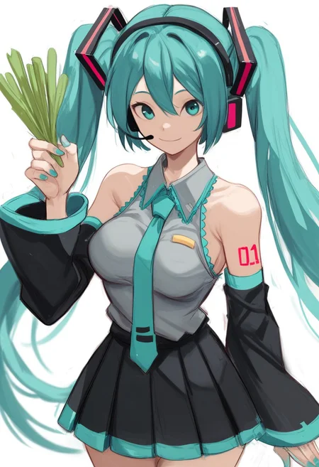 score_9,score_8_up, score_7_up, rak, 1girl, solo, long hair, breasts, looking at viewer, smile, bangs, skirt, simple background, shirt, hair ornament, white background, holding, bare shoulders, twintails, very long hair, closed mouth, cowboy shot, pleated skirt, detached sleeves, food, necktie, sleeveless, collared shirt, miniskirt, black skirt, nail polish, aqua eyes, sleeveless shirt, v, aqua hair, headphones, holding food, grey shirt, cropped legs, headset, aqua nails, aqua necktie, spring onion, vegetable, holding vegetable, hatsune miku