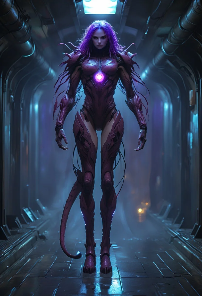 score_9, score_8_up, score_9_up, SilverPulse, Fantasy Creature, punk hair, lizard, cat, alien girl, feminime, female, 1girl, four arms, Avatar navi alien with purple skin, bal, big eyes, medium breast, red trench coat, running on the top of train, yellow train, cyberpunk city, night, neon light, rainy, dynamic view, dynamic pose, super wide angle shot, extreme perspective,