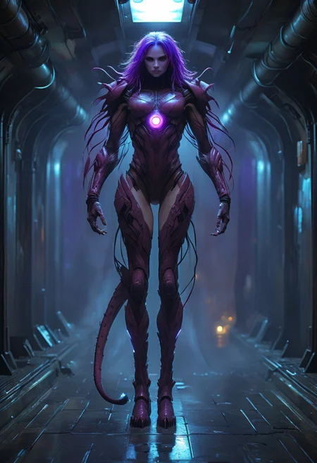 score_9, score_8_up, score_9_up, SilverPulse, Fantasy Creature, punk hair, lizard, cat, alien girl, feminime, female, 1girl, four arms, Avatar navi alien with purple skin, bal, big eyes, medium breast, red trench coat, running on the top of train, yellow train, cyberpunk city, night, neon light, rainy,  dynamic view, dynamic pose, super wide angle shot, extreme perspective,