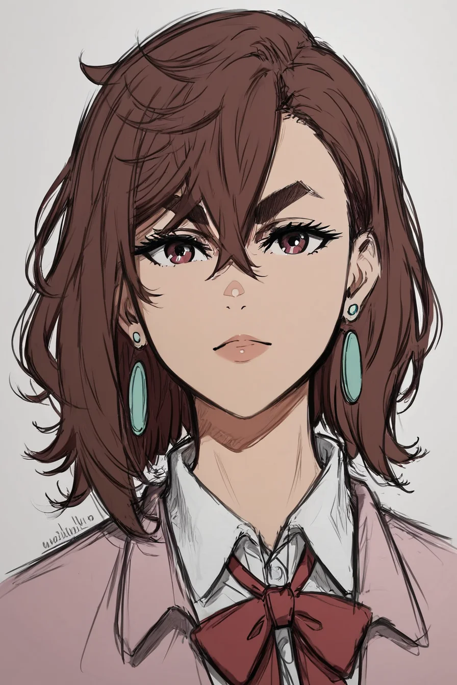 score_9, score_8_up, score_7_up, score_6_up, score_5_up, score_4_up <lora:Momo_Ayase_Dandadan_V1:1> KJOmomo, brown hair, dark eyes, medium hair, hair between eyes, thick eyebrows, earrings,white collared shirt, oversized pink pullover, long sleeves, red bow, blue short skirt, untucked shirt ,<lora:drawing_style_pony:0.8>, drawing_style, drawing, sketch, 1girl, looking at the viewer, solo, alone, lines drawing, monochrome, greyscale, masterpiece, highres