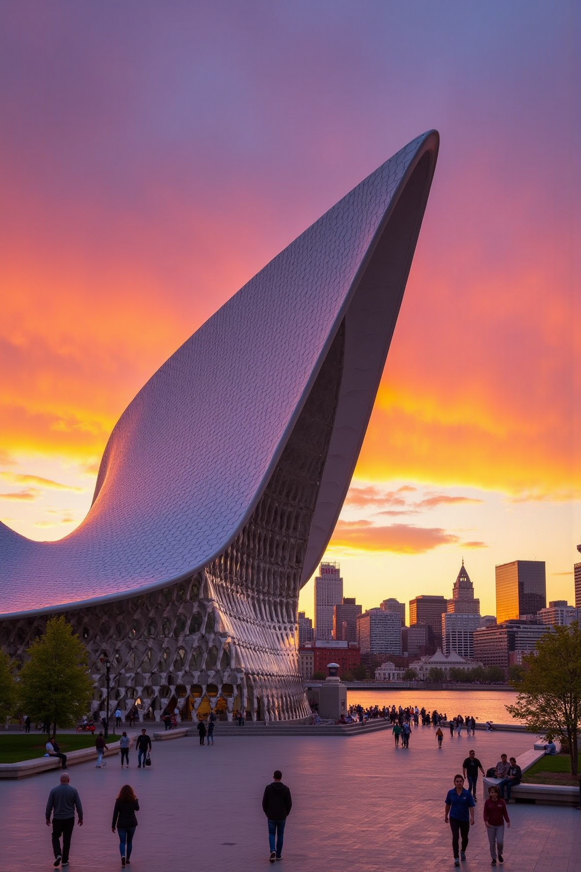 YFG-Sm0rg, A dramatic sculpture of the Milwaukee Art Museum's Quadracci Pavilion by Santiago Calatrava at sunset, with the sky ablaze in hues of orange, pink, and purple.
The pavilion's titanium-clad wings are stretched outwards from the main building, as if in majestic flight, their smooth surface reflecting the vibrant colors of the setting sun. The intricate latticework pattern of the facade is visible, with its interlocking hexagons and triangles creating a sense of movement and energy.
The surrounding plaza is filled with people walking towards the pavilion, their faces upturned in awe as they take in the breathtaking view. Some are seated on benches, while others stroll along the walkways, taking in the sights and sounds of the vibrant cityscape.
In the foreground, a few trees are scattered about, their leaves rustling gently in the breeze. The nearby lake is visible in the background, its calm waters reflecting the vibrant colors of the sky. In the distance, the Milwaukee skyline rises up, with its mix of old and new architecture creating a visually interesting contrast to the sleek, modern design of Calatrava's pavilion.
The focus should be on capturing the grandeur and drama of this iconic building at sunset, with all its intricate details and textures, as if frozen in time for posterity.