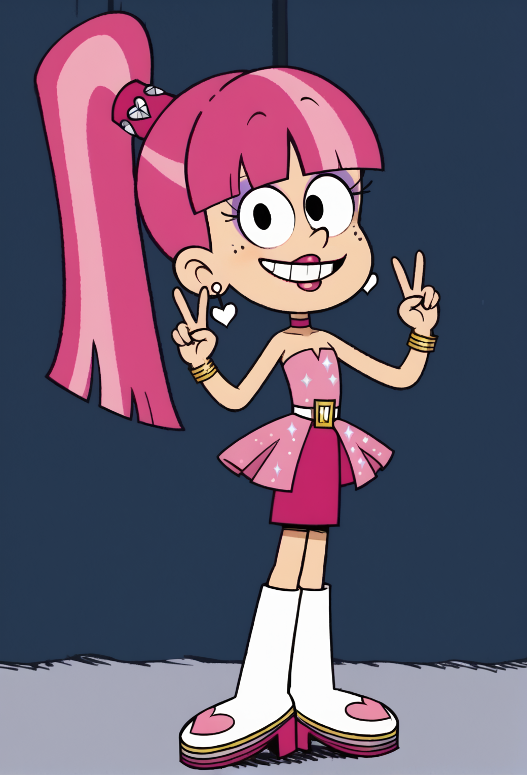 ((score_9)), score_8_up, ((high quality)), ((masterpiece)) BREAK
  1girl, LuluL, full body, dancing, diamonded ponytail cuff, freckles, 1girl, solo, jewelry, pink hair, earrings, heart, ponytail, boots, dress, long hair, style parody, heart earrings, makeup, belt, bangs, blunt bangs, lipstick, choker, pink dress, skirt, strapless, full body, looking at viewer, double peace signs, teeth, smile<lora:pony_good_hands:0.8>,<lora:Lulu_Loud:0.8>