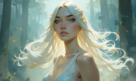 Ethereal portrait of a woman with alabaster skin and iridescent eyes, her long platinum hair adorned with delicate crystalline flowers. She wears a gossamer gown that shimmers like morning dew, its fabric seemingly woven from moonlight. Soft, diffused lighting bathes her in an otherworldly glow, accentuating her high cheekbones and graceful neck. The background fades into a misty, dreamlike forest scene with bioluminescent flora. Tendrils of glowing energy swirl around her, suggesting magical powers. Her pose is serene yet powerful, gazing directly at the viewer with an air of ancient wisdom. Photorealistic details blend seamlessly with fantastical elements, creating a harmonious composition that straddles the line between reality and fantasy. 8k resolution, masterpiece quality, sharp focus on facial features, bokeh effect in background. <lora:Semi-realisticPortraitPainting:0.3> <lora:Organic Sauce - FLUX:0.9> <lora:Liquid_Clothes_v2:0.3> <lora:style_of_Norman_Ackroyd_FLUX_100:0.4> <lora:flux_dev:1>