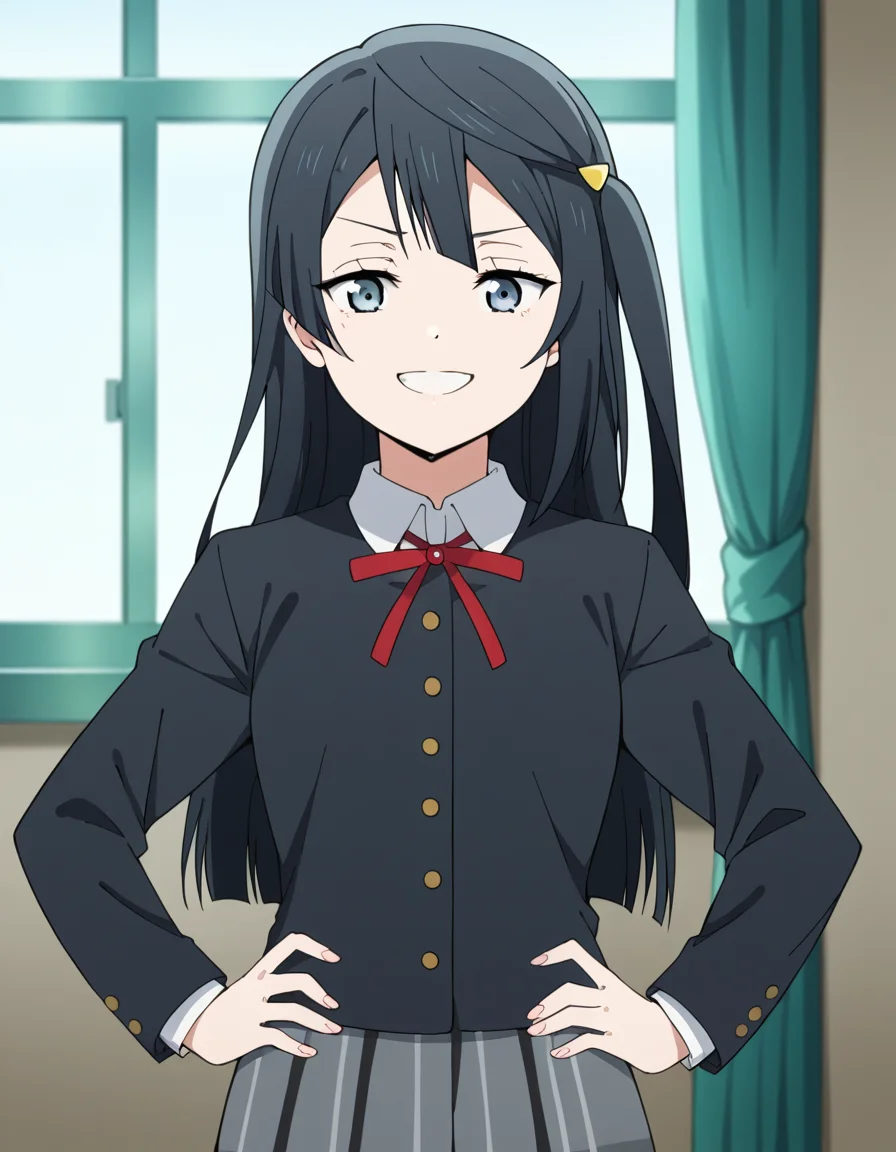 score_9, score_8_up, score_7_up, source_anime, <lora:setsuna-yuuki-s2-ponyxl-lora-nochekaiser:1>, setsuna yuuki, yuuki setsuna (love live!), long hair, bangs, black hair, sidelocks, grey eyes, one side up, hair ornament,, skirt, long sleeves, school uniform, jacket, red ribbon, black jacket, blazer, nijigasaki academy school uniform,, indoors, smug, smile, looking at viewer, solo, hands on hips,, cowboy shot, dutch angle