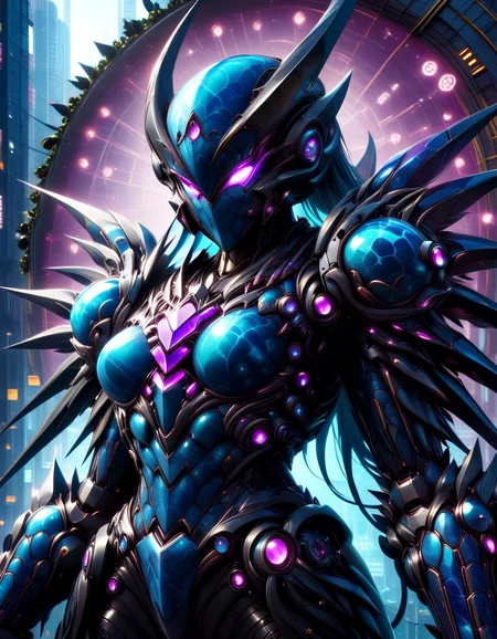 blueberrym0rph of a big cyberpunk spider with neon blue translucent sss ObsidianCitrine armor, points to the viewer, EdobHorrorLandscape background, glowing purple lights, Interpolation, Fujicolor Superia X-TRA 400, 50mm, Offset print, RAW photo, highly contrasted, contemporary fine detail, highly intricate, detailed, stunning  <lora:Blueberry_World_Morph:1.0>  <lora:Mecha_Ggorgeous_Armor:0.8>  <lora:EdobHorrorLandscape_XL_v1.0:0.8>  <lora:ObsidianCitrine:0.8>  <lora:sss:0.8>