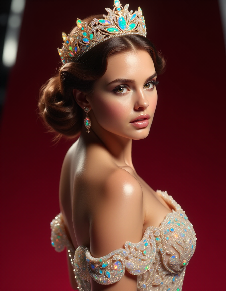 A regal female model walking a red carpet, wearing a radiant ral-opal tiara that glows in hues of blue, gold, and pink. The tiaraâs intricate carvings catch the camera flashes, creating dazzling reflections. Her high-fashion gown and confident expression add elegance to the scene, with the opal tiara shining like a crown of light against her wavy, perfectly styled hair
<lora:ral-opal-flux_000004000:1>