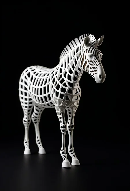 8K analog photo, 3d printed shilver zebra Statue made of Lattice Structure, WhiteMold, Walking, dark background, minimalist,