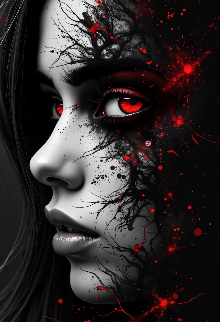bo-abyss, abstract monochrome composition with splashes of deep red accents, high quality, ultra detailed, colorful, abstract, particles, fantasy, partially blended with abstract digital elements. the background features layers of glitch art,, The image is a black and white close-up portrait of a woman's face. The face is detailed and realistic, with intricate lines and curves that create a sense of depth and dimension. The woman's eyes are large and expressive, with long eyelashes that are slightly curled at the tips. Her nose is prominent in the center of the image, with a small nose piercing. Her lips are slightly parted, as if she is about to speak. Her hair is long and flowing, cascading down her back. The overall mood of the portrait is mysterious and captivating., voxel engine, voxel engine, voxel engine