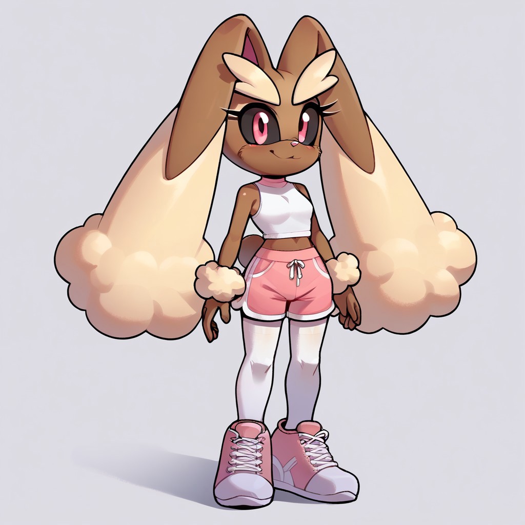 score_9, score_8_up, score_7_up, 1girl,  <lora:Perfect Hands:1> Perfect Hands, evnstnly, solo, petite, furry female, lopunny, bunny, bunny ears, bunny tail, white top, sleeveless top, tucked in shirt, pink shorts, white thighhighs, cotton tights, pink and white shoes, low top sneakers, standing, smiling, legs together, arms at sides
