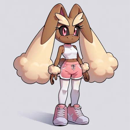 score_9, score_8_up, score_7_up, 1girl, <lora:Perfect Hands:1> Perfect Hands, evnstnly, solo, petite, furry female, lopunny, bunny, bunny ears, bunny tail, white top, sleeveless top, tucked in shirt, pink shorts, white thighhighs, cotton tights, pink and white shoes, low top sneakers, standing, smiling, legs together, arms at sides