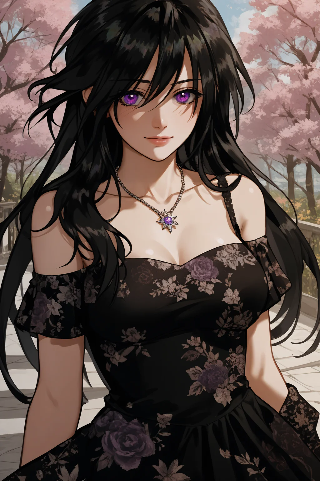 score_9, score_8_up, score_7_up, BREAK source_anime, <lora:Rainelle-PonyXL-lora-Faxtron:1> rainelle, purple eyes, black hair, long hair, shiny hair, medium breasts, necklace, black dress, bare shoulders, floral print, collarbone,