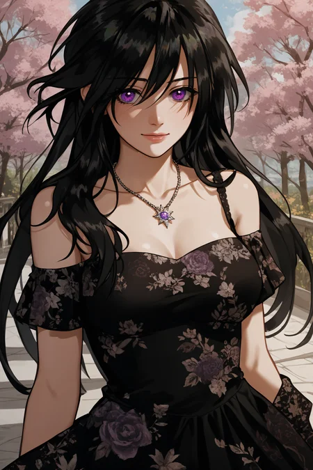 score_9, score_8_up, score_7_up, BREAK source_anime, <lora:Rainelle-PonyXL-lora-Faxtron:1> rainelle, purple eyes, black hair, long hair, shiny hair, medium breasts, necklace, black dress, bare shoulders, floral print, collarbone,