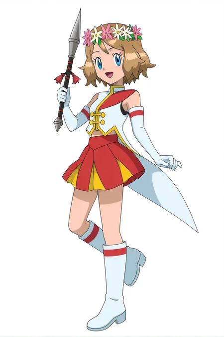 anime, anime screencap, pokemon, serenadorixlc, 1girl, solo, looking at viewer, smile, short hair, open mouth, blue eyes, skirt, simple background, brown hair, gloves, white background, holding, standing, full body, flower, head wreath, :d, pleated skirt, boots, tongue, elbow gloves, white gloves, hand up, eyelashes, red skirt, leg up, white footwear, light brown hair, standing on one leg, knee boots, serena \(pokemon\)
<lora:Serena_doridorich:1>