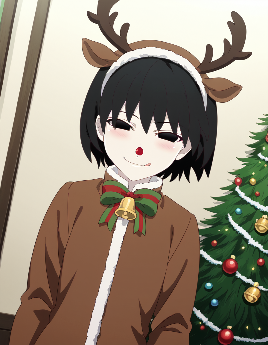 score_9, score_8_up, score_7_up, source_anime, <lora:ougi-oshino-offmonster-ponyxl-lora-nochekaiser:1>, ougi oshino, short hair, bangs, black hair, black eyes, bob cut, empty eyes, white skin, anime screencap, <lora:reindeer-costume-ponyxl-lora-nochekaiser:1>, reindeer costume, animal costume, reindeer antlers, antlers, fake antlers, reindeer hood, christmas, red nose, deer ears, deer tail, christmas tree, bell, horns, reindeer,, blush, smile, tongue out, looking at viewer,, , dutch angle, cowboy shot
