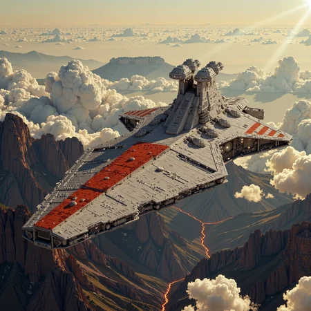 A colossal Venator-class Star Destroyer hovers silently within the upper atmosphere of an alien world. Its immense, wedge-shaped hull cuts through thick clouds, painted in the Republic’s signature crimson and gray. The surface is layered with dense, overlapping armor plates, exposed maintenance panels, and long rows of turbolaser turrets that sit idle across its flanks. Towering dual bridges rise from the dorsal ridge, framed against the glowing curvature of the planet below.
Beneath the ship, the planet’s surface stretches into a wide expanse of alien terrain, cloaked in mist and broken by rugged mountain ranges and glowing rivers of lava. Sunlight pierces through the atmosphere at an angle, casting long shadows along the hull and catching on the edge of the bridge towers. Wisps of vapor cling to the lower hull as the destroyer looms just above the cloudline, the weight of its presence felt in the silent tension of the scene. The surrounding sky glows with warm amber light, faded blue clouds, and traces of high-altitude turbulence — a surreal and cinematic moment of calm in a galaxy at war.