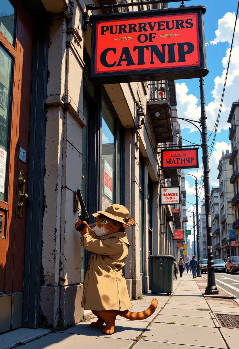 aidmatextimprover, the scene depicts a moment of comedy and intrigue, where a cat is about to rob a store. The cat is standing on its hind legs, wearing a trench coat and hat, and holding a handgun. It is about to enter a store, and it is looking about cautiously. The sign above the store reads "Purrrveyors of Catnip" in large black letters. The scene takes place in an urban setting, yet the sidewalk is desolate except for the cat. The cat is seen at a three quarter view as it prepares to enter the store. The work is highly detailed. It is unsigned.
j_art, j_anime,