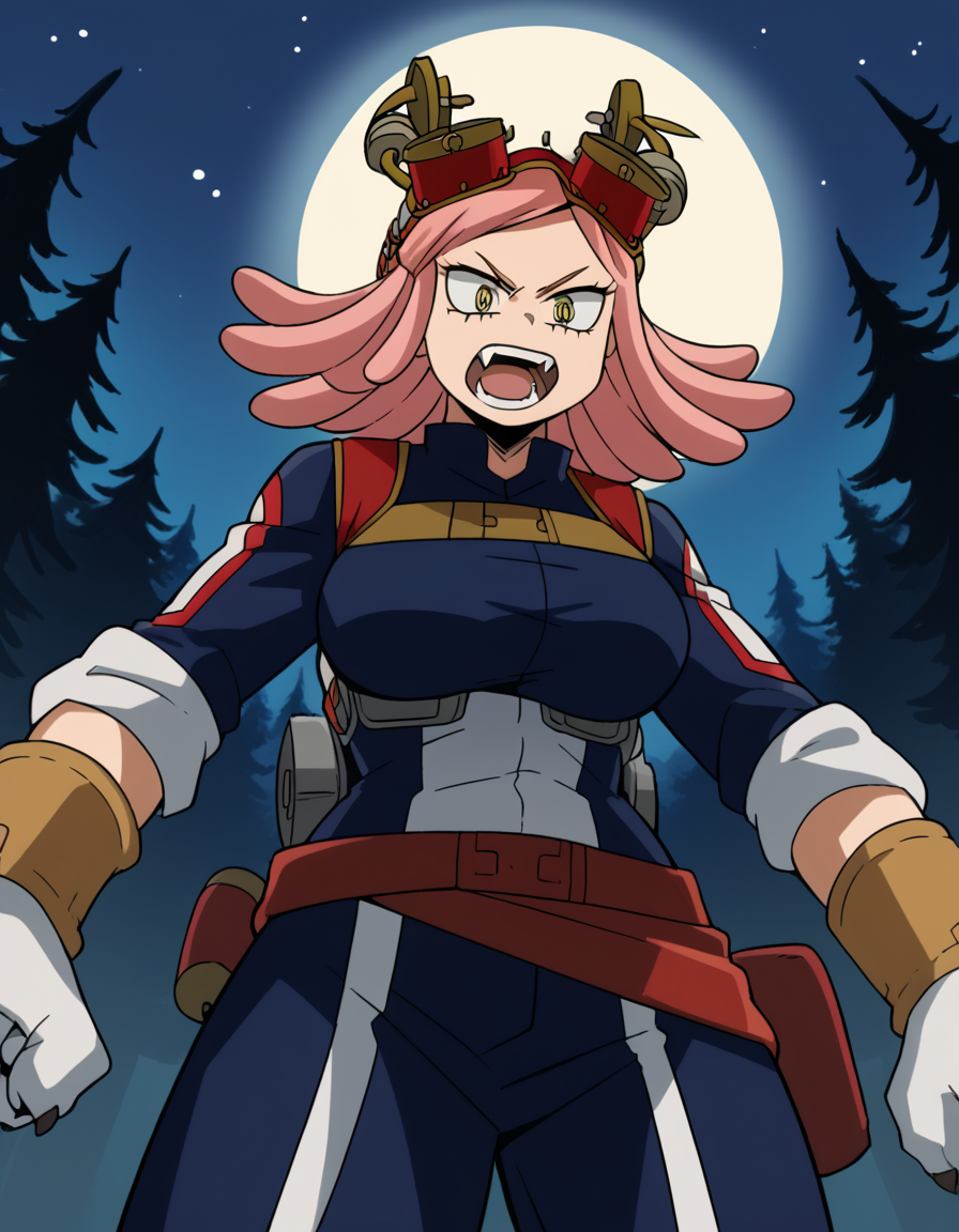score_9, score_8_up, score_7_up, source_anime, <lora:mei-hatsume-s3-ponyxl-lora-nochekaiser:1>, mei hatsume, yellow eyes, pink hair, medium hair, symbol-shaped pupils, large breasts,, <lora:werewolf-ponyxl-lora-nochekaiser:1>, werewolf, furry, fangs, animal ears, gloves, angry, teeth, animal ear fluff,, forest, night, moon, open mouth, , dutch angle, cowboy shot