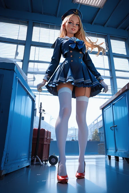 1woman, sexy, petite, skinny legs, long hair, blonde hair, <lora:Sailor:1> Jed-Salr, Navy Blue Mini Dress, White Trim,  White Sailor Collar,  Nautical Stripes,  White Thigh-High Stockings, Red Heels, Sailor Hat,  White Gloves, Sailor Cuffs, White Petticoat, walking on a coastline, viewer looking from below, upskirt,, score_9, score_8_up, score_7_up, score_6_up, score_5_up, score_4_up, <lora:K040790P:0.4> 040790P, woman, 24 years old, <lora:Breast Slider - Pony_alpha1.0_rank4_noxattn_last:1>, (tiny waist, flat stomach, narrow hips), <lora:Aesthetics_Enhancer_pony:0.8> EnhanceImage