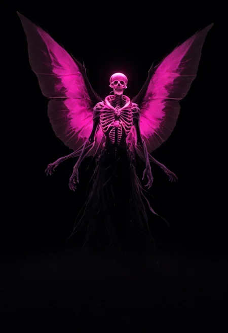 score_9, score_8_up, score_7_up, score_6_up, score_5_up,  <lora:neonXLP:1> . eldritch , realistic neon, skeleton, solo, 1boy, male focus, black background, wings, simple background, glowing