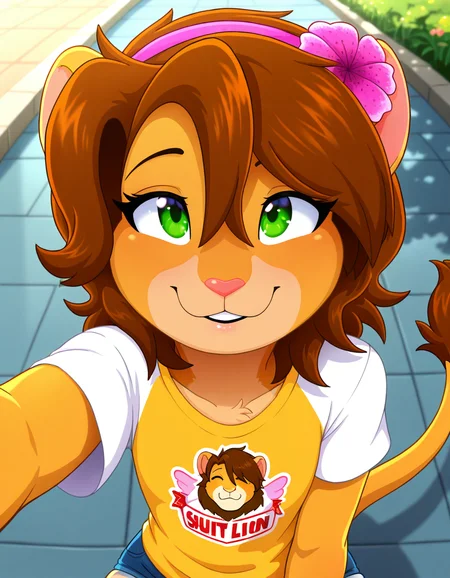 masterpiece, best quality, very aesthetic, absurdres,
outdoors, denim shorts, t-shirt, 
upper body, headshot, face focus, seductive smile, parted lips, long eyelashes,
 <lora:Keiko_v01_NAIXL:1>,
Keiko,1girl,brown hair,furry,furry female,green eyes,smile,animal ears,tail,animal nose,hairband,hair ornament,hair flower,body fur,short hair,bangs,lion ears