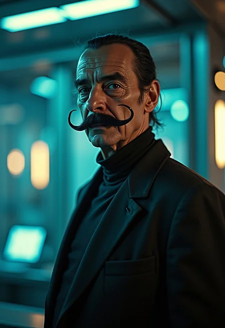 realisitc photography of salvador dali standing in the dark, futuristic lab, dali moustache, futuristic setting, futuristic space clothing, galactic leader, interstellar, analog film, film grain, kodachrome, intricate details, insanely detailed, natural lighting, 8k, hdr, masterpiece, natural skin texture, award winning photography, Fine art photography style, film photography style