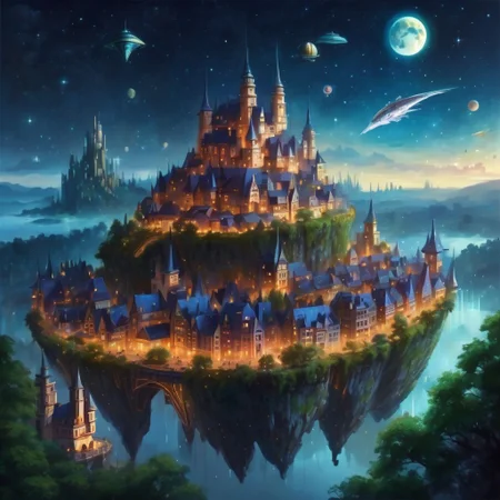fantasy city overlooking a forest, bustling nightlife with flying ships, floating castle, starry night